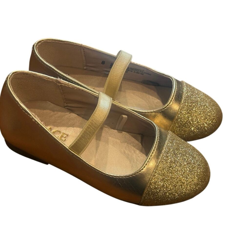 The Children’s Place Gold Glitter Mary Jane Flats Girls Size 8 Dress Shoes